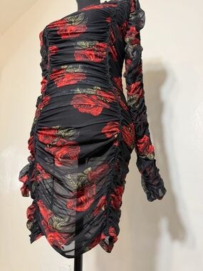 Sheer Ruched Mesh Rose Print Bodycon Dress – Stretch
